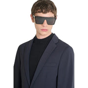 Black rectangular sunglasses with sleek design and dark tinted lenses paired with antony morato men blue polyamide blazer