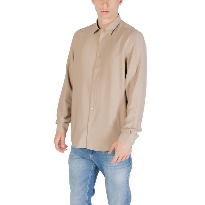 Antony Morato men shirt beige long sleeved button up with classic collar and subtle texture