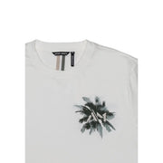 Antony Morato men t-shirt white cotton with black and gray palm tree graphic and am logo at center front
