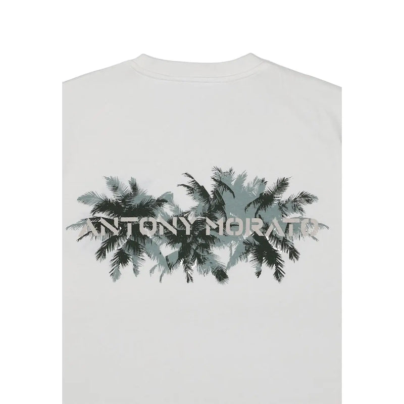 White cotton men t-shirt by Antony Morato featuring gray and black palm tree graphic print with Antony Morato text