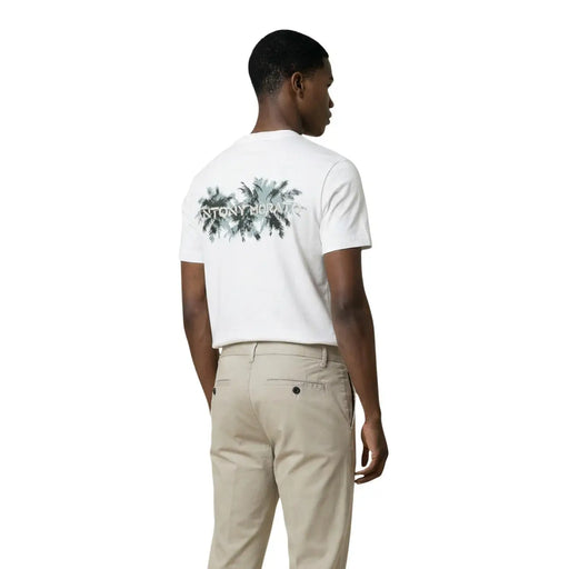 Image of the back side of a white Antony Morato men t-shirt with short sleeves and a palm tree graphic and text design
