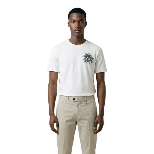 Antony Morato men white cotton t-shirt with subtle green palm leaf graphic on the left chest