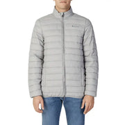 Light gray quilted puffer jacket featuring full-length zipper and front pockets