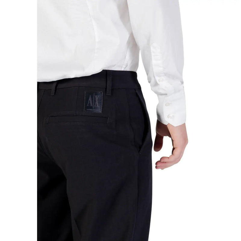 Black tailored armani exchange fall winter trousers with zip and button pockets showing back waistband logo patch
