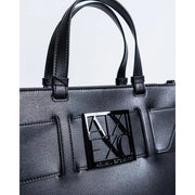 Armani Exchange black faux leather tote bag with shoulder strap and glossy black logo plaque on front