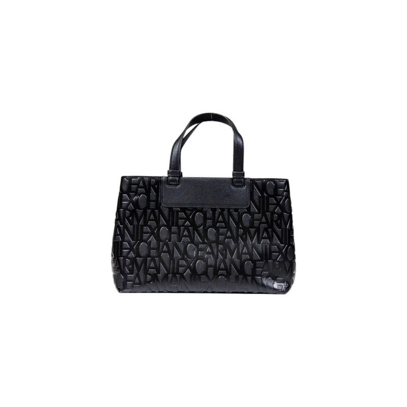 Armani Exchange black handbag tote bag with embossed logo pattern and textured leather handles with shoulder strap