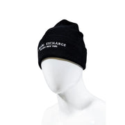 Armani Exchange black knit beanie with white embroidered armani exchange milano new york logo on the front
