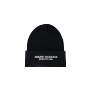 Black armani exchange knit beanie with white embroidered branding on folded cuff for stylish cold weather wear