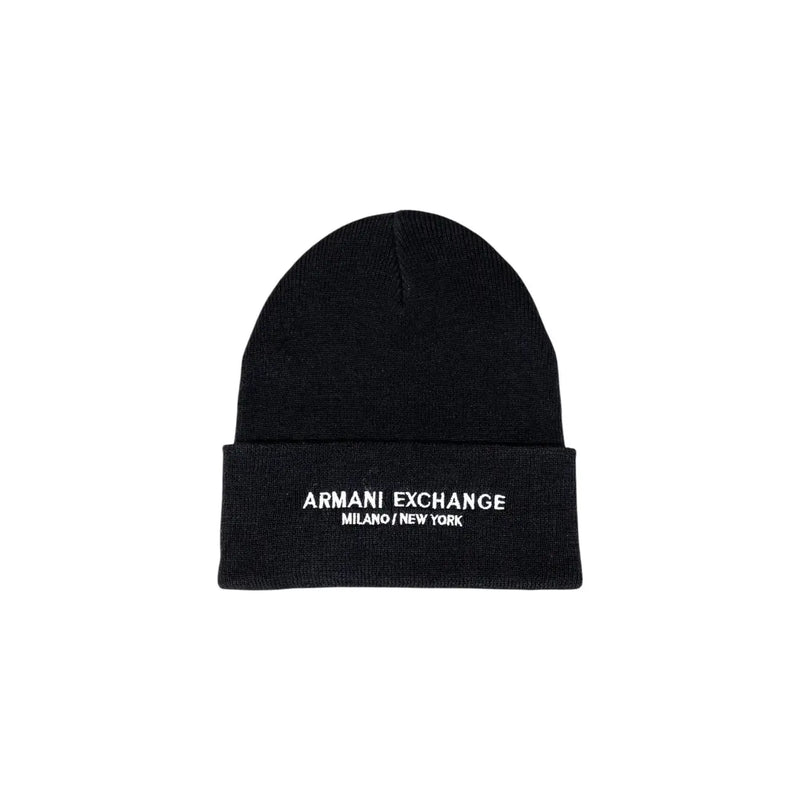 Black armani exchange knit beanie with white embroidered branding on folded cuff for stylish cold weather wear