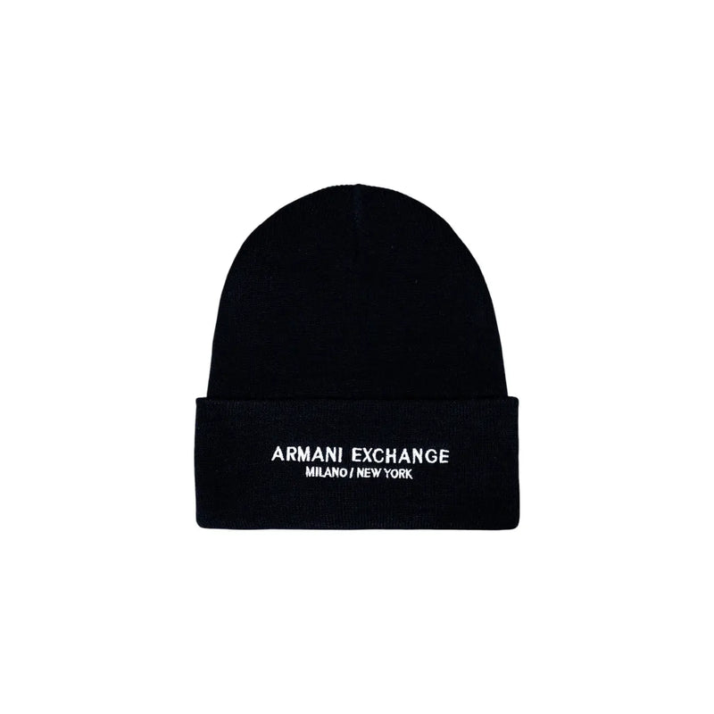 Black Armani Exchange knit beanie displayed on a mannequin for stylish winter wear