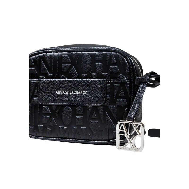 Armani Exchange black polyester crossbody bag for women with embossed logo pattern and silver-tone metal clasp