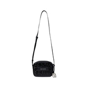 Armani Exchange black polyester crossbody bag for women with embossed logo and silver-tone metal clasp