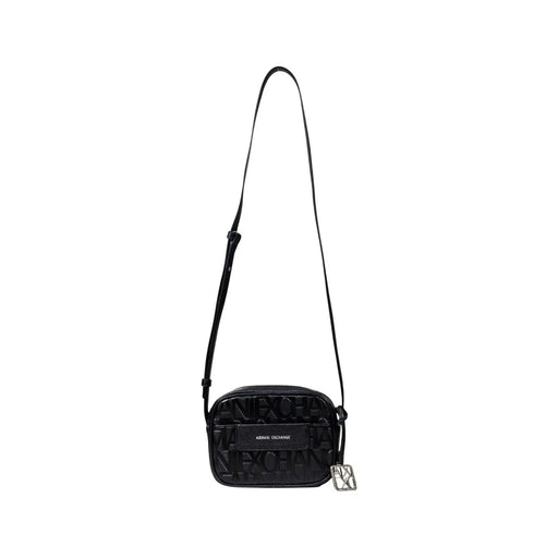 Armani Exchange black polyester crossbody bag for women with embossed logo and silver-tone metal clasp