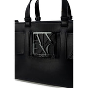 Black Armani Exchange tote bag in textured polyurethane with shoulder strap and prominent metallic logo plaque