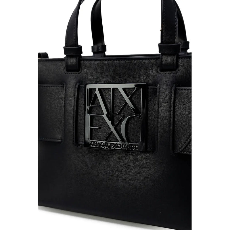 Black Armani Exchange tote bag in textured polyurethane with shoulder strap and prominent metallic logo plaque