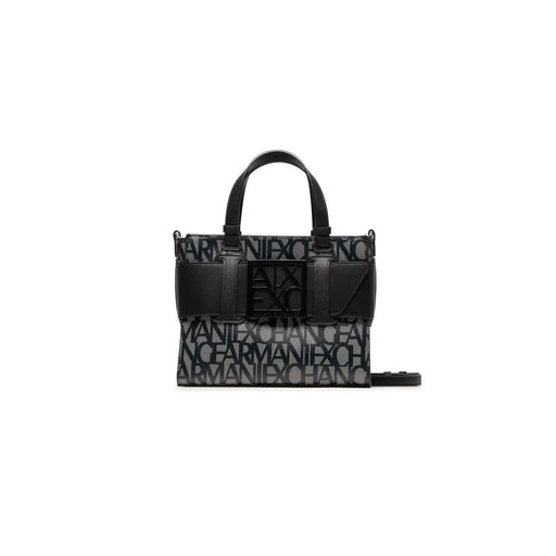 Armani Exchange black print polyurethane handbag with strap featuring structured design and repeating logo print