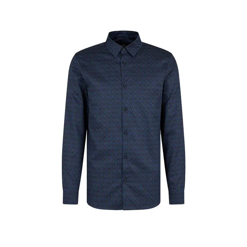 Armani Exchange blue printed cotton mens long sleeve shirt with a subtle repeating pattern and button-down design