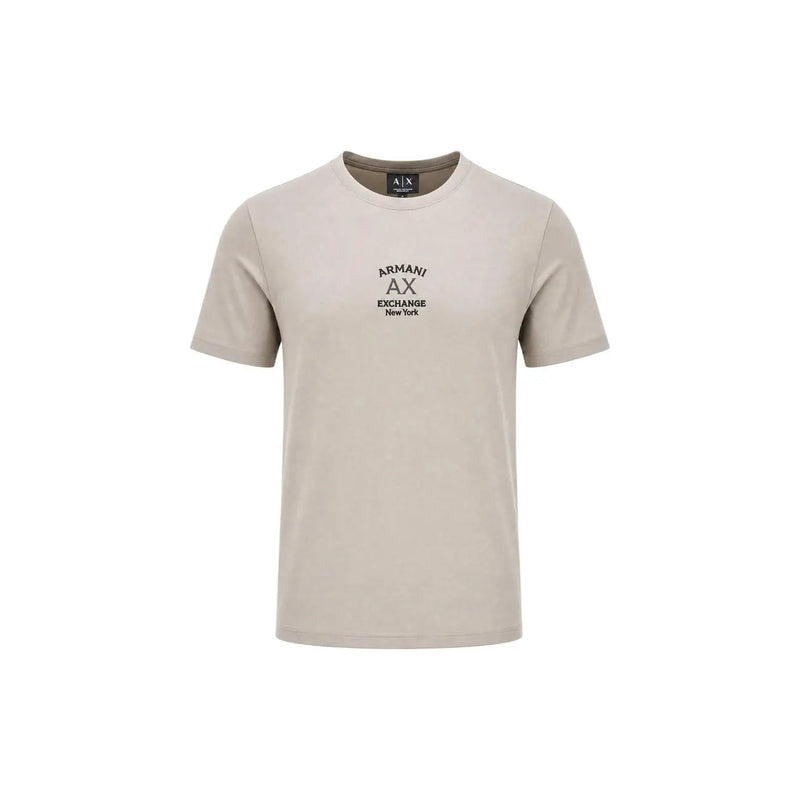 Beige Armani Exchange Kurzarm-Baumwollhemd für Herren t-shirt mit Rundhalsausschnitt und schwarzem, gesticktem Logo-Etikett auf der Vorderseite