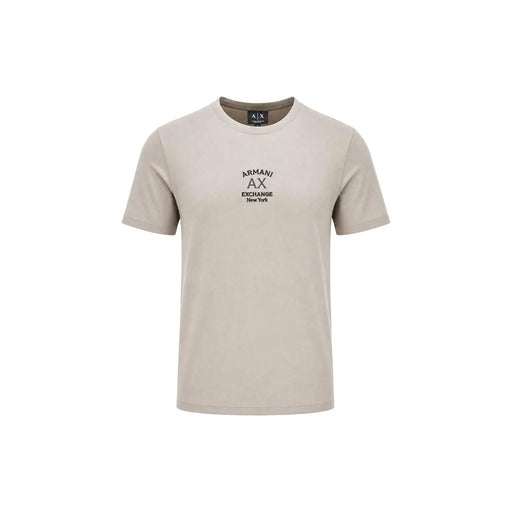 Beige Armani Exchange Kurzarm-Baumwollhemd für Herren t-shirt mit Rundhalsausschnitt und schwarzem, gesticktem Logo-Etikett auf der Vorderseite
