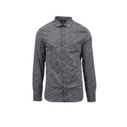 Armani Exchange Schwarzes Herrenhemd aus Baumwoll-Lycra mit dunkelgrauem geometrischem Muster, langen Ärmeln, klassischem Kragen und Knopfleiste