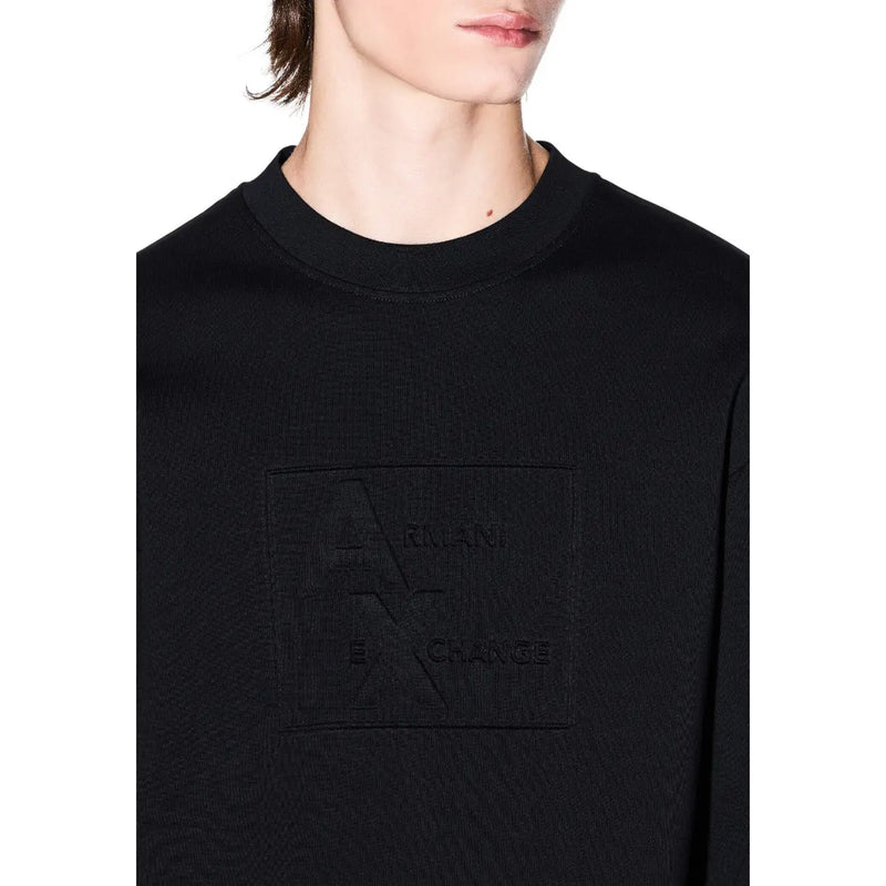 Armani Exchange Schwarzes Herren-Sweatshirt aus Baumwolle mit Rundhalsausschnitt und dezentem, geprägtem Logo-Patch auf der Brust