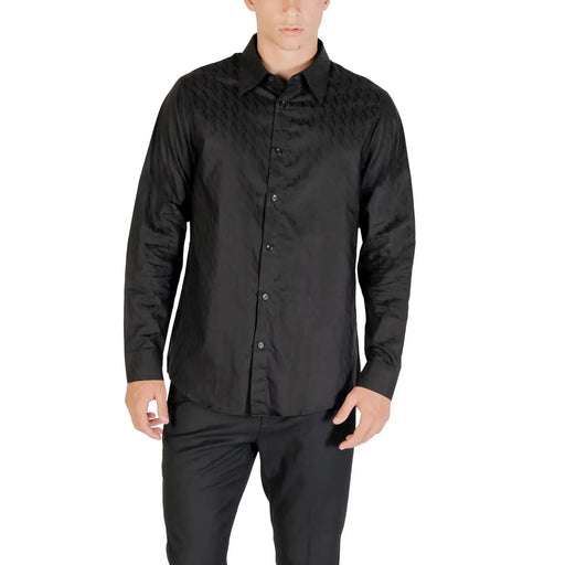 Armani Exchange Schwarzes Herren-Baumwollhemd, klassische Passform, lange Ärmel und dezentes Strukturmuster, Vorderansicht