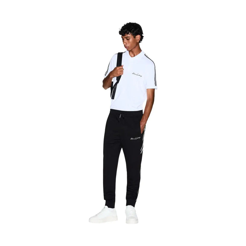 Armani Exchange Schwarze Herren-Jogginghose aus Polyestergemisch mit weißen Seitenstreifen und gesticktem Logo am linken Oberschenkel