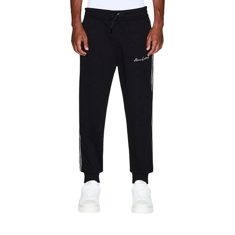 Armani Exchange Schwarze Herren-Jogginghose aus Polyestergemisch mit weißen Seitenstreifen und dezentem, gesticktem Logo am Oberschenkel