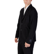 Armani Exchange men black wool blend long blazer with two front buttons and subtle logo patch on left sleeve