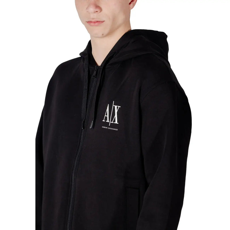 Armani Exchange men black zip hooded cotton sweatshirt with white a slash x logo and arrow exchange text on chest