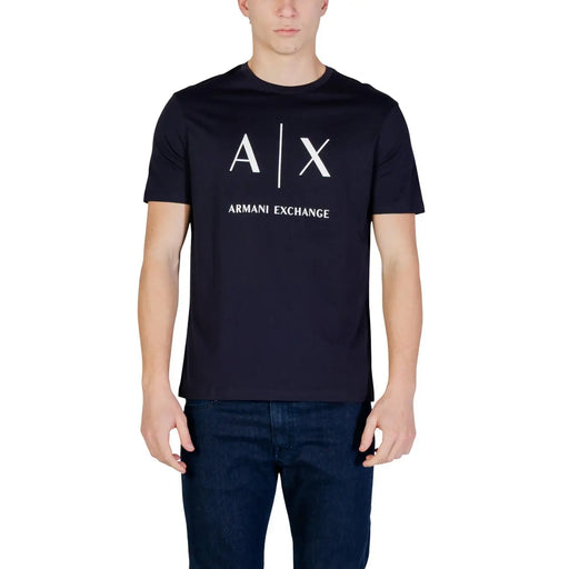 Armani Exchange Schwarzes Herren-T-Shirt aus Baumwolle mit weißem Axt-Logo und Markennamen auf der Vorderseite