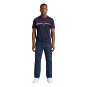 Armani Exchange Blaues Herren-T-Shirt aus Baumwolle mit Rundhalsausschnitt und rot-weißem Logostreifen auf der Brust