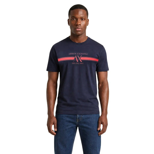 Marineblau armani exchange Herren-Baumwoll-T-Shirt mit Rundhalsausschnitt und rot-weißem Logostreifen auf der Brust