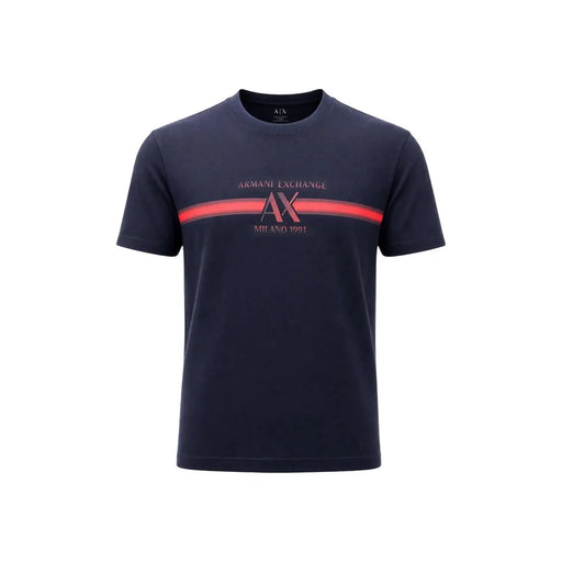 Armani Exchange Blaues Herren-T-Shirt aus Baumwolle mit Rundhalsausschnitt, markantem rotem Streifen und Axt-Logo auf der Brust