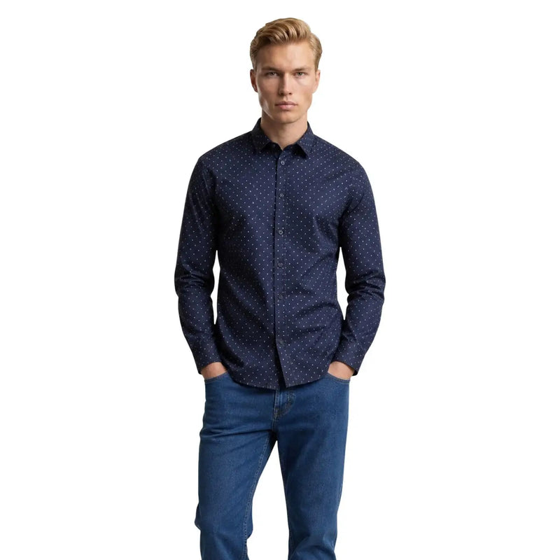Armani Exchange Herrenhemd aus blauer Baumwolle mit langen Ärmeln, dezentem weißen Punktmuster und Knopfleiste