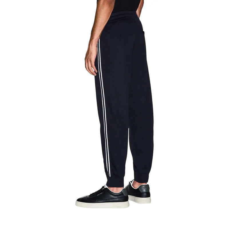 Armani Exchange Herren-Jogginghose aus blauem Polyestergemisch mit dunkelblauer Farbe und zwei weißen Streifen an jedem Bein