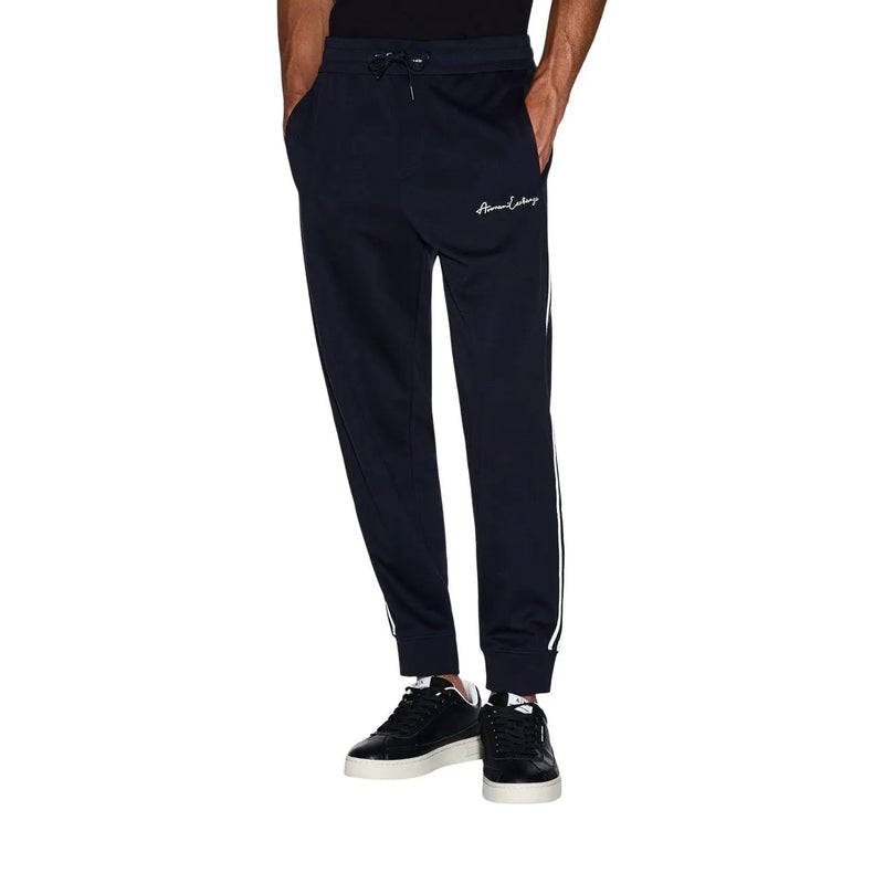 Armani Exchange Herren-Jogginghose aus blauem Polyester-Baumwoll-Mischgewebe mit weißen Seitenstreifen und gesticktem Logo am Oberschenkel