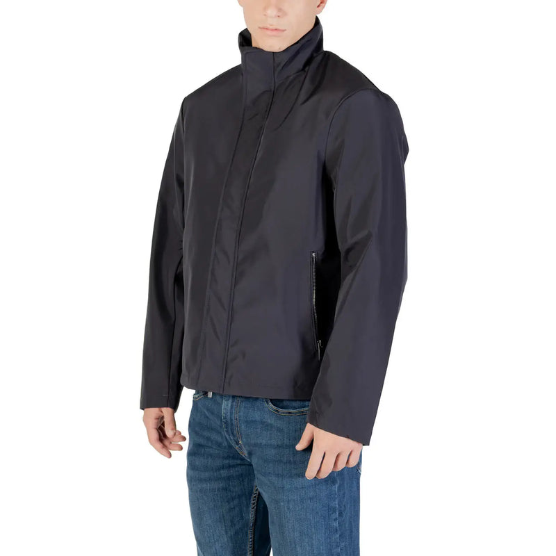 Armani exchange men blue zip blazer polyester turtleneck featuring a black high collar jacket with subtle zipper details