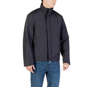 Black Armani Exchange men zip-up jacket with high collar and subtle side pockets made from polyester