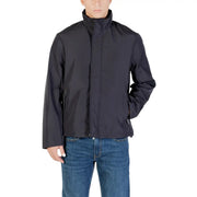 Black nylon jacket with high collar and zippered pockets complementing armani exchange men blue zip blazer polyester turtleneck