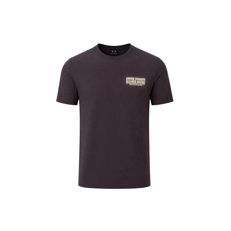 Armani Exchange Braunes Herren-T-Shirt aus Baumwolle mit dunkelgrauem Stoff und weißem und goldenem Schriftzug auf der linken Brustseite