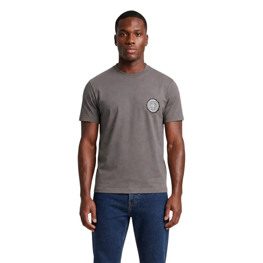 Armani Exchange Braunes Herren-T-Shirt aus Baumwolle mit grauem Rundhalsausschnitt und kreisförmigem, gesticktem Logo auf der linken Brust