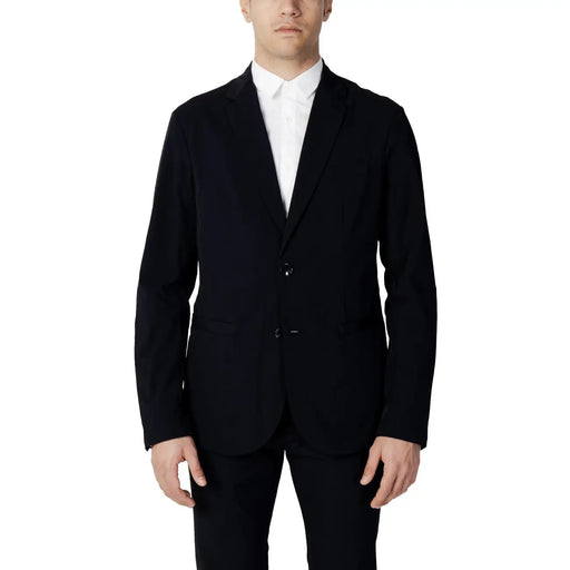 Black single-breasted cotton suit jacket with sleek tailored fit and two-button closure by Armani Exchange