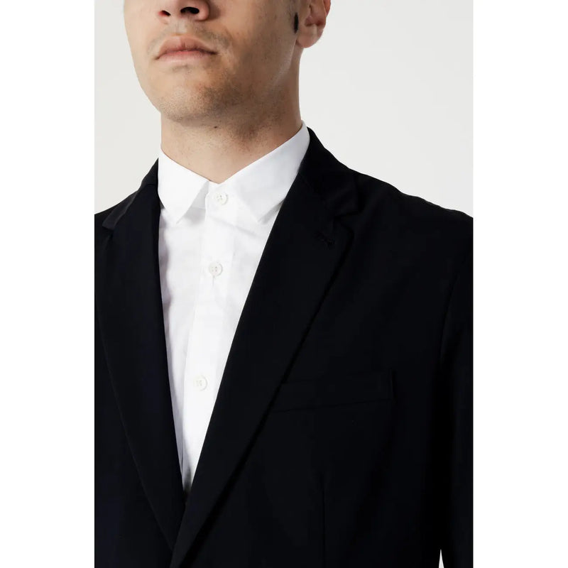 Black tailored blazer with sleek modern cut and subtle texture from armani exchange men cotton collection