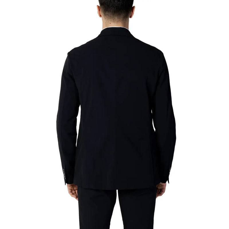 Black tailored suit jacket with crisp white collar and subtle buttoned cuffs for formal wear by Armani Exchange