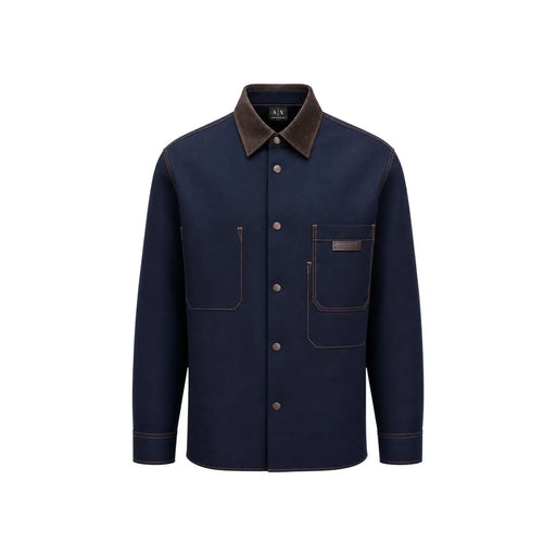 Armani Exchange Herren-Baumwollhemd, klassisch, langärmlig, marineblauer Korpus, brauner Cordkragen und Knöpfe