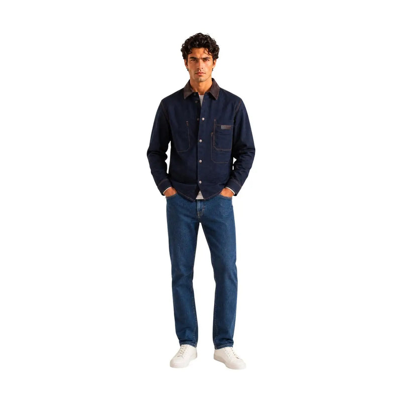 Armani Exchange Herren-Baumwollhemd, blau, klassisch, langärmelig, mit marineblauer Jeansjacke, dunkelbraunem Kragen und Taschenbesatz