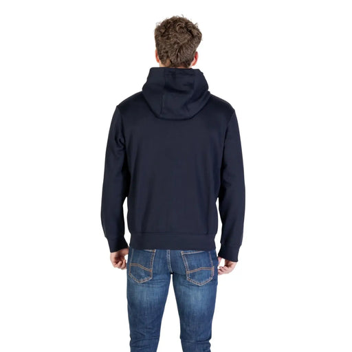 Armani Exchange men hooded sweatshirt in dark navy blue cotton with smooth soft fabric and zip up front