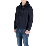 Armani Exchange men hooded sweatshirt blue cotton zip up with navy blue drawstrings and subtle chest logo embroidery
