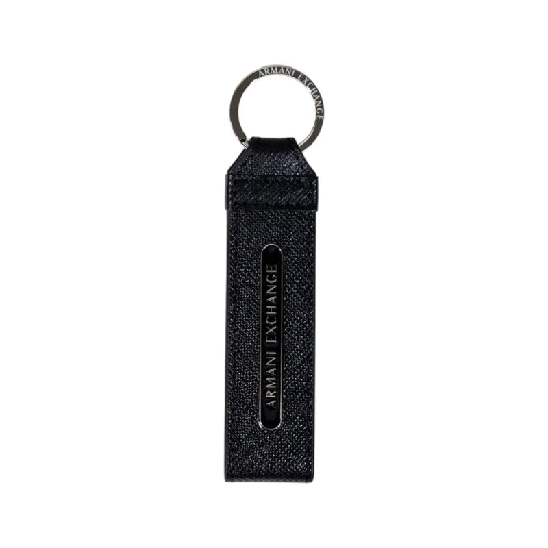Schwarzer Schlüsselanhänger aus strukturiertem Leder mit silbernem Metallring und geprägtem armani exchange Markenlogo für Herren-Ledergeldbörsen